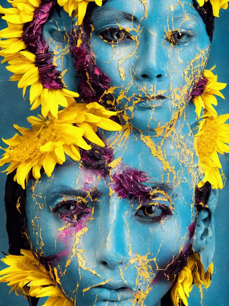 Image similar to symmetrical painting of a fractured dark obsidian greek statue of asian female beauty, yellow gemstones spikes, crystallic sunflowers, lightblue dripping acrylic paint and magenta tar, repaired with kintsugi, rendered in octane trending on cgsociety. extremely detailed and intricate art, corruption, sleek