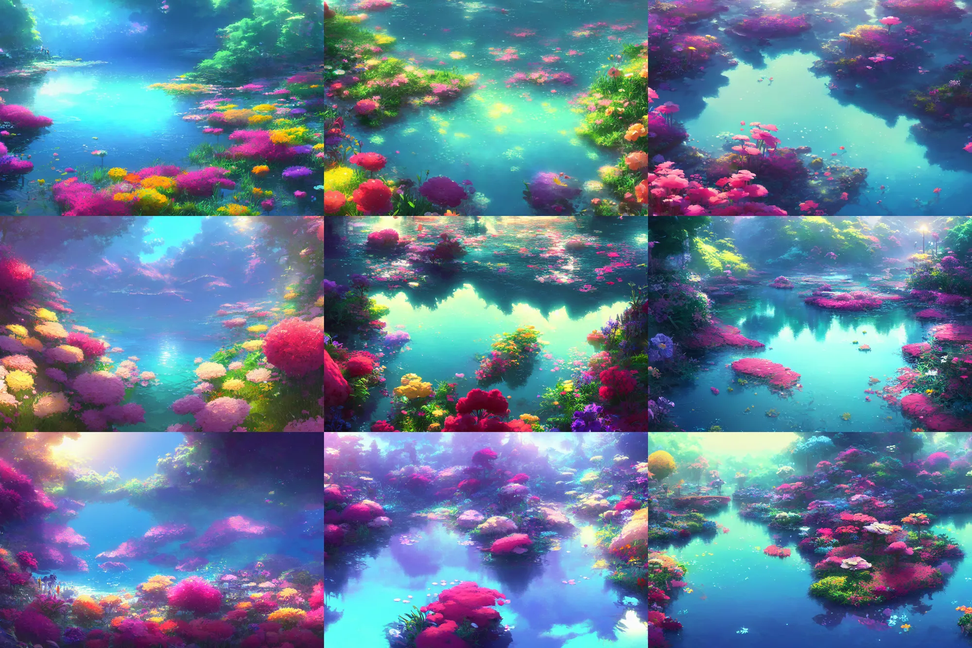 Prompt: colorful flowers under the surface of sparkling clear water by makoto shinkai and thomas kinkade, james gilleard, overview, very detailed, deviantart, artstation, high quality, 4 k, tone mapping