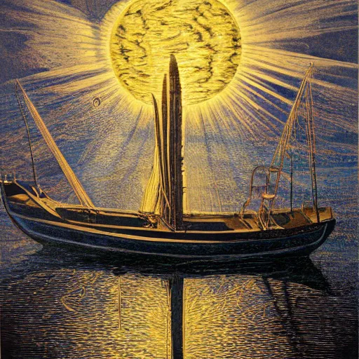Image similar to A Boat, inkpainting, by Johfra Bosschart, Complex, 2010s, Bright, Rays of shimmering light, Plasmaglobe, 16k, Incoherent, Marquee, Infrared, 8k
