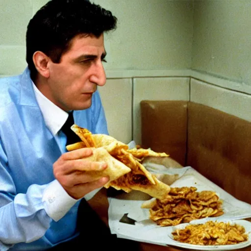 Prompt: film still of Nicolae Ceasusescu eating a Shawarma, 4k remastered, criterion collection