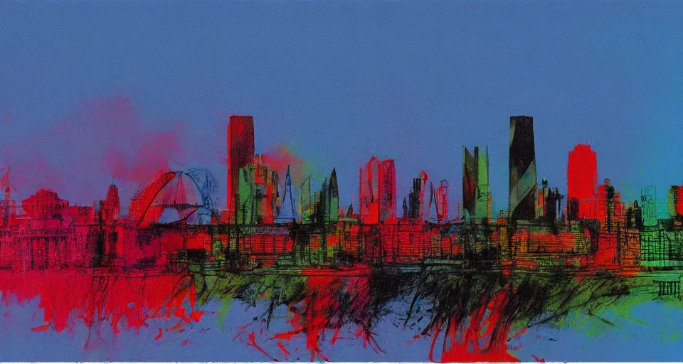 Image similar to color sketch of the london skyline, highly detailed, dramatic lighting, intense shadows, rich deep colours, by andy warhol