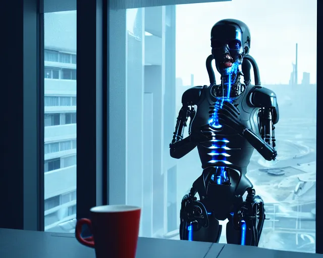 Image similar to terminator mechanical cyborg lady with borg enhancements and optical fibers and human face is drinking coffee near a window with dystopian city visible outside. very detailed 8 k. cyberpunk fantasy style. unreal engine render. global illumination. nanite. rtx. path tracing.