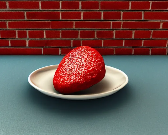 Image similar to 3d render of a strawberry donut on a plate, blue colored room, brick walls, blender, realistic