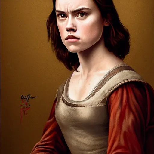 Image similar to a striking hyper real painting of Daisy Ridley by da Vinci