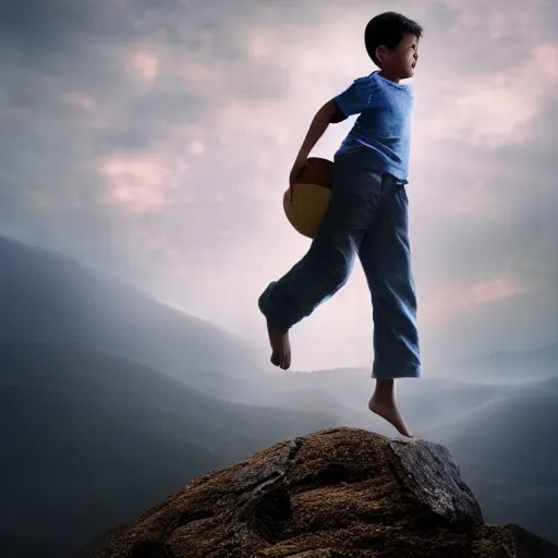Prompt: a boy having basket on his back and he is climbing on the mountain, tall boy by Greg rutkkwski, Sung Choi, 8k Photo realistic, cinematic lighting, HD, high details, atmospheric, foggy , magical effect, clean and clear fave, full body, trending on artstation, devianart, golden ratio, rule of thirds