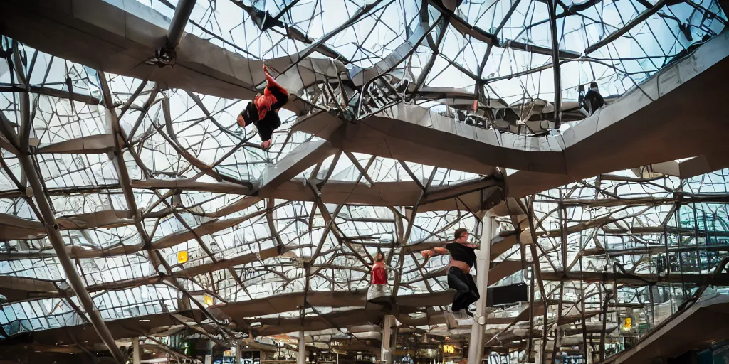 Prompt: practicing parkour in the mall of america, telephoto lens
