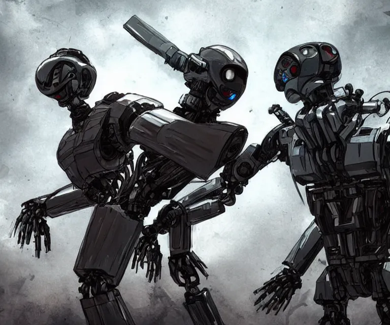 Prompt: androids fighting robots, post - apocalyptic world, dark landscapes, dreary