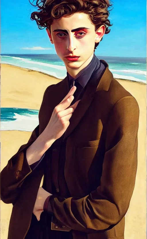Prompt: Timothee Chalamet, the most beautiful androgynous man in the world, intense painting, sunny day at beach, tropical island, +++ super supper supper dynamic pose,  digital art, +++ quality j.c. leyendecker, limited edition, shiny, veiny hands, thick eyebrows, masculine appeal high fashion
