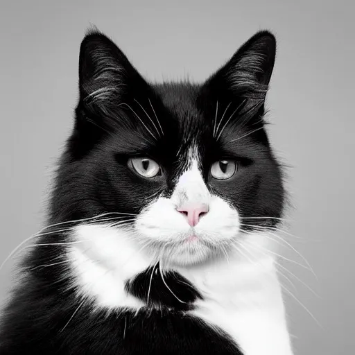 Image similar to fluffy black and white cat portrait, white cheeks, aesthetic highly detailed soft fur and paws, professionally shot photorealistic 8k photograph, 35mm Canon EOS R3, rendered in octane, by Natalie Große and Jason Allison