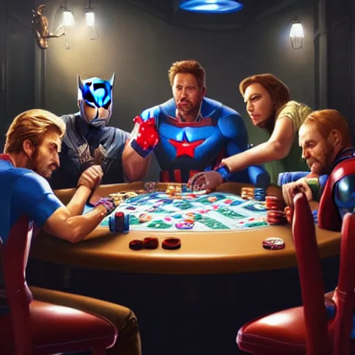 Image similar to hyperrealist portrait of the avengers playing poker, photo realistic, dynamic lighting, artstation, poster, volumetric lighting, very detailed faces, 4 k, award winning