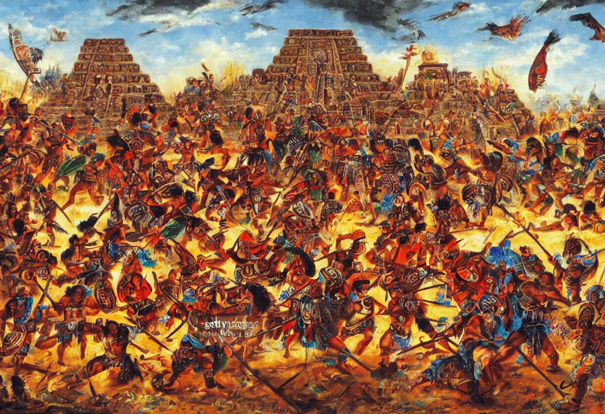 Image similar to aztec warriors fighting on an aztec temple, colorful oil painting