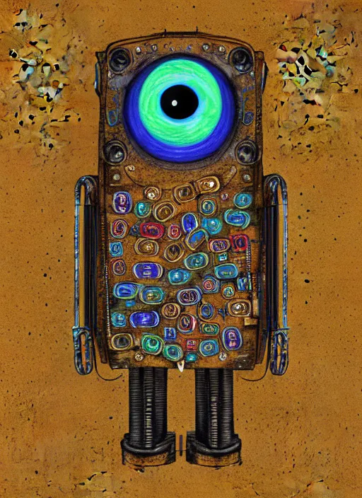 Image similar to colored pencil and pen drawing of an animatronic robot owl, bird made from rusty old keys and padlocks, cosmic background, 8 k photorender realityengine