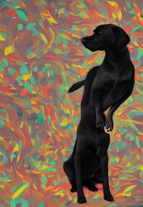 Prompt: Adorably cute Black Labrador, artstation winner by Victo Ngai, Kilian Eng and by Jake Parker, swirly vibrant color lines, winning-award masterpiece, fantastically gaudy, aesthetic octane render, 8K HD Resolution