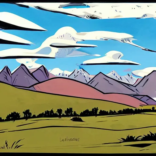 Prompt: clean grassland, snow - capped mountains in the distance, clouds in the sky, darwyn cooke