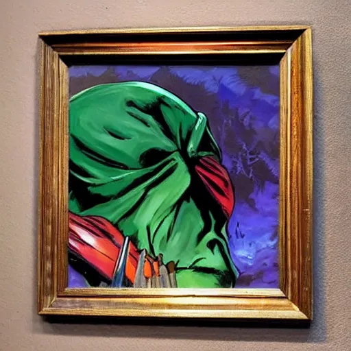 Prompt: Mysterio holding brush, artwork by Bob Ross,