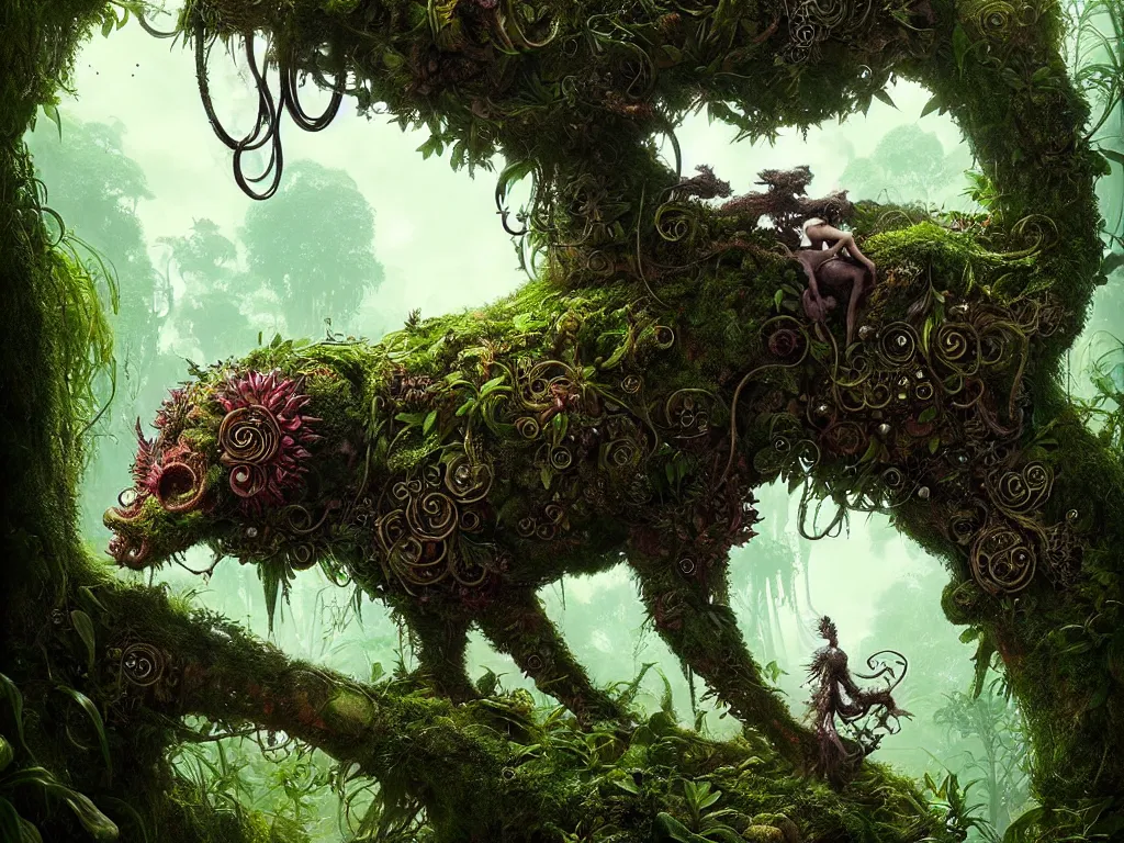 Image similar to metaverse creature in a lush trunda vegetation :: by Michal Karcz, Daniel Merriam, Victo Ngai and Guillermo del toro :: ornate, dynamic, particulate, intricate, elegant, highly detailed, centered, artstation, smooth, sharp focus, octane render, 3d