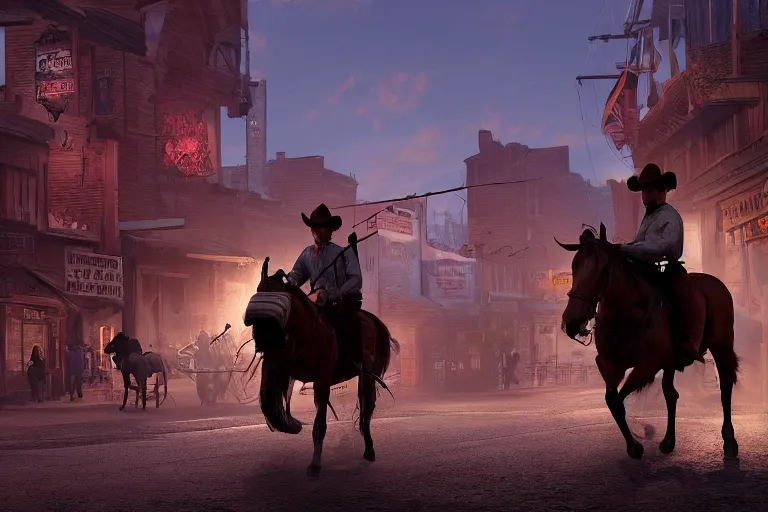 Image similar to rugged sheriff riding his horse through a busy old - west town, detailed, volumetric lighting, cinematic, in the style of fredrick remington