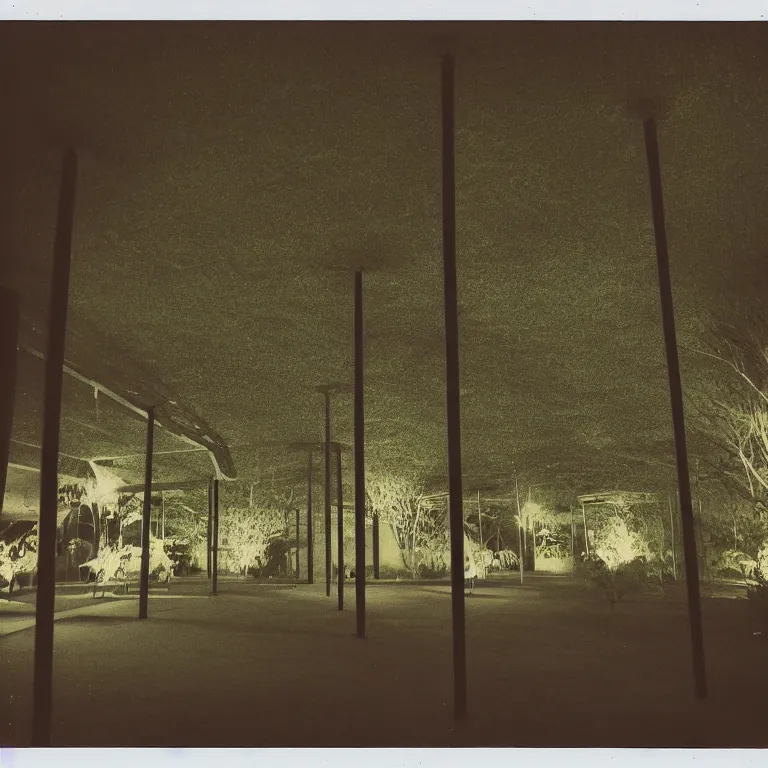 Prompt: atmospheric polaroid photograph of liminal space, indoor suburban park, harsh flash lighting
