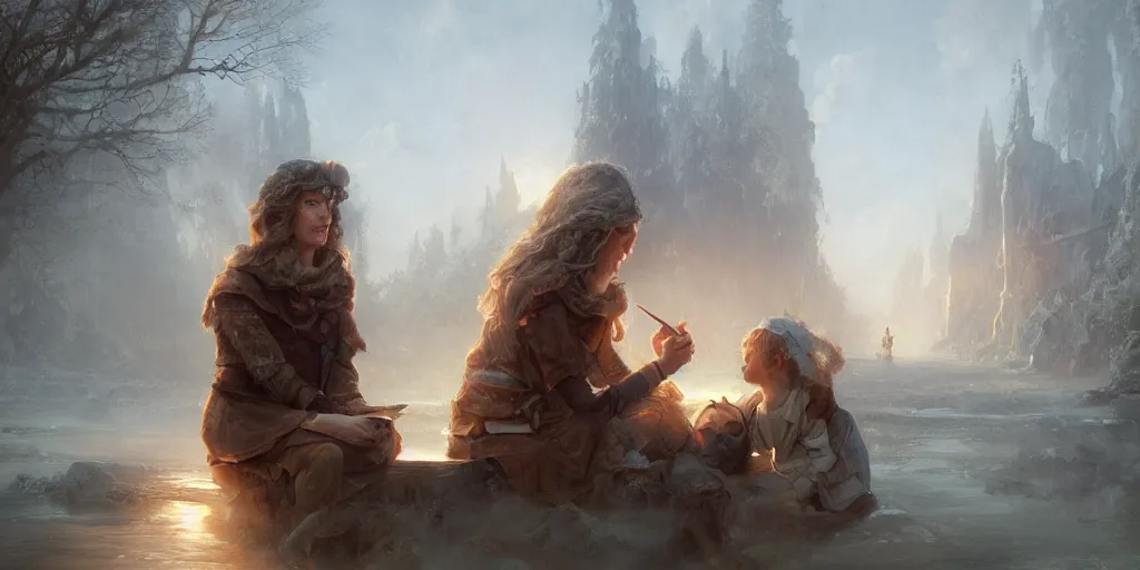 Prompt: tell me a story, sharp focus, intricate, elegant, digital painting, artstation, matte, highly detailed, concept art, illustration, volumetric lighting, bokeh light, art by greg olsen and liz lemon swindle, storybook design