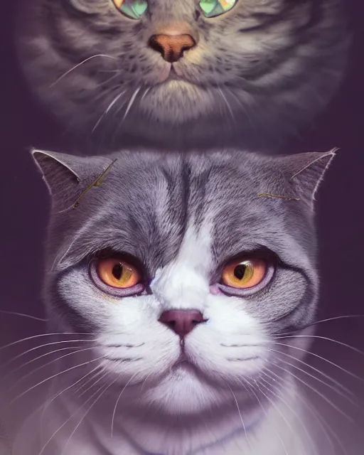 Prompt: highly detailed surreal vfx portrait of a sacred scottish fold cat, stephen bliss, unreal engine, greg rutkowski, loish, rhads, beeple, makoto shinkai and lois van baarle, ilya kuvshinov, rossdraws, tom bagshaw, alphonse mucha, global illumination, detailed and intricate environment