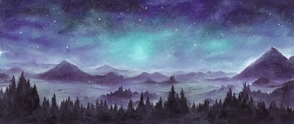 Image similar to digital painting of a ultra detailed night sky with constellations, very beautiful girl swimming in a blue pool, detailed water ripples, Perseides meteor shower, ultra detailed hill top over behind a forest, large mountains in back, concept art, low angle, high detail, warm lighting, volumetric, godrays, vivid, beautiful, trending on artstation, by Jordan Grimmer, no focus, huge scene, ultra detailed trees, F11 aperture, in the style of ALBERT BIERSTADT