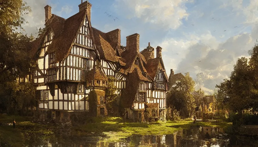 Image similar to portrait of a tudor manor house on a street, fishpond architecture, highly detailed, blue sky, cinematic lighting, digital art painting by greg rutkowski