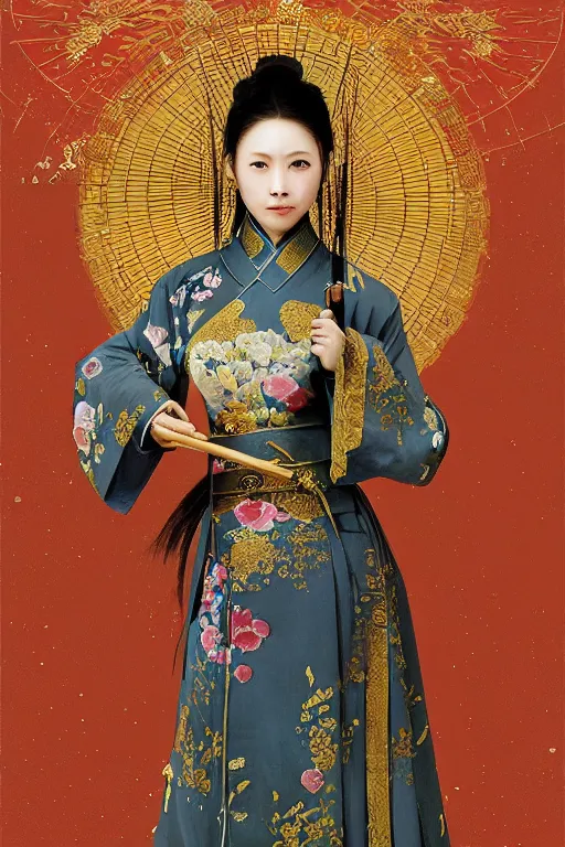 Image similar to portrait wuxia Asian heroine, holy and elite and divine, weraings Chinese costume, in forbidden City Rainning, flowers sea everywhere, ssci-fi, fantasy, intricate, very very beautiful, elegant, highly detailed, digital painting, artstation, concept art, smooth, sharp focus, illustration, art by tian zi and WLOP and alphonse mucha