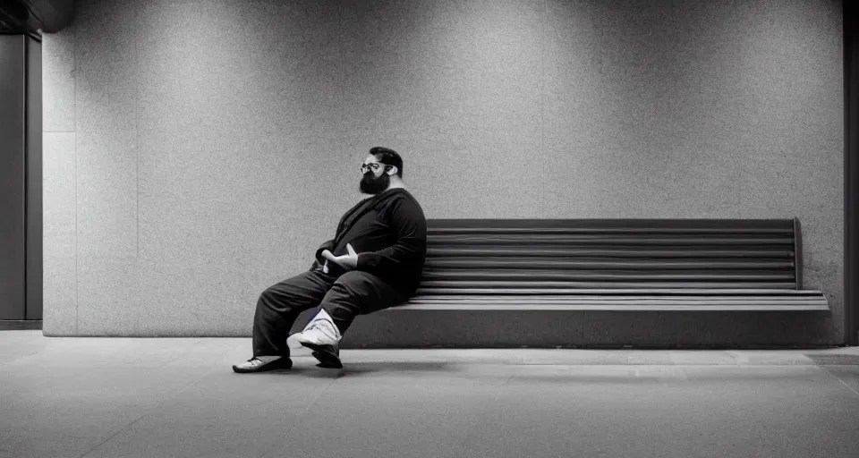 Prompt: portrait of a chubby bearded young man with glasses sitting alone on a bench in a subway station, glowing with silver light, color by Brooke DiDonato, , highly detailed architecture by Brooke DiDonato, today's featured photograph, 16K