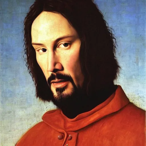 Image similar to portrait of keanu reeves, oil painting by jan van eyck, northern renaissance art, oil on canvas, wet - on - wet technique, realistic, expressive emotions, intricate textures, illusionistic detail