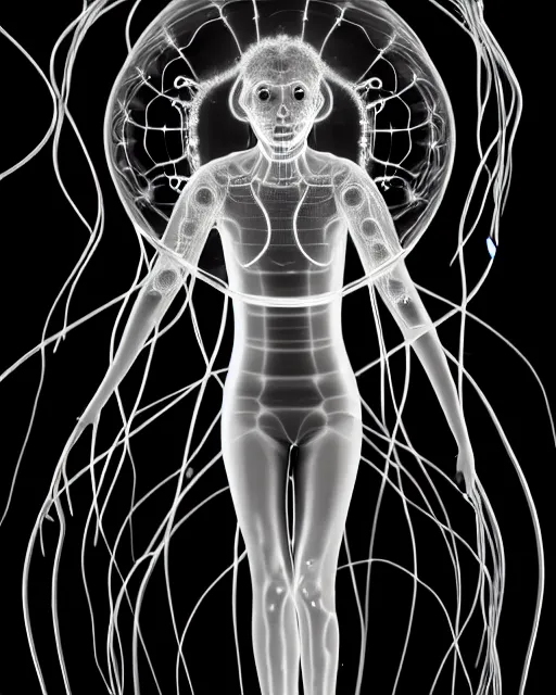 Image similar to black and white young cyborg-human-jellyfish-plant goddess high quality photo, microchip, artificial intelligence, bio-mechanical bio-luminescence, black wired cables, neurons, nerve cells, octane render, cinematic, rim light, hyper realism, photo-realistic, high detail, 8k, masterpiece, high fashion, in the style of Steven Meisel and Dora Maar and H.G. Giger