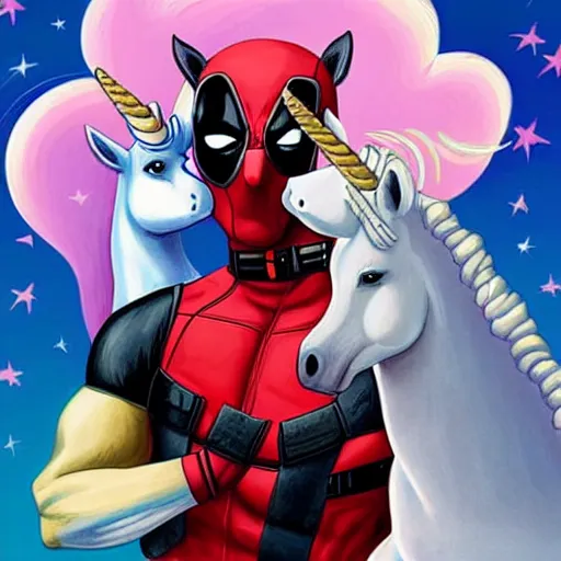 Prompt: Deadpool riding a unicorn