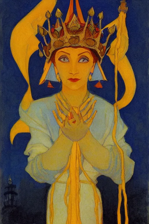 Image similar to lizard queen with her crown and lantern, by Nicholas Roerich and Annie Swynnerton, dramatic cinematic lighting , ornate headdress , flowing robes, sacred artifacts, lost civilizations, smooth, sharp focus, extremely detailed