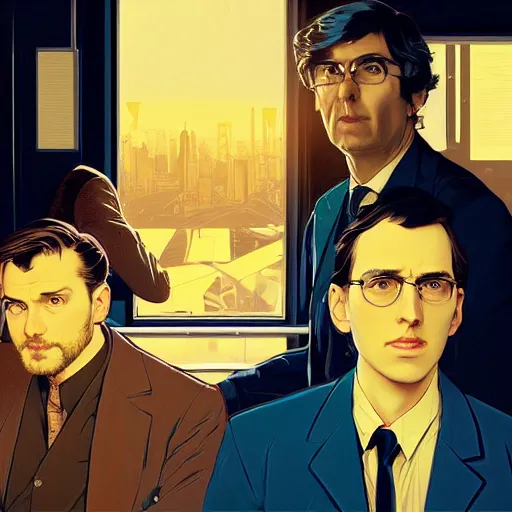 Image similar to Close-up portrait of Three engineers, a doctor, a lawyer and an economist, Joshua Middleton artwork, dramatic backlighting, golden hour, autochrome, high contrast, highly detailed, sharp focus, digital painting, concept art, illustration, cyberpunk, solarpunk, trending on artstation, art by Phil Noto and Alex Toth, composition by alphonse mucha