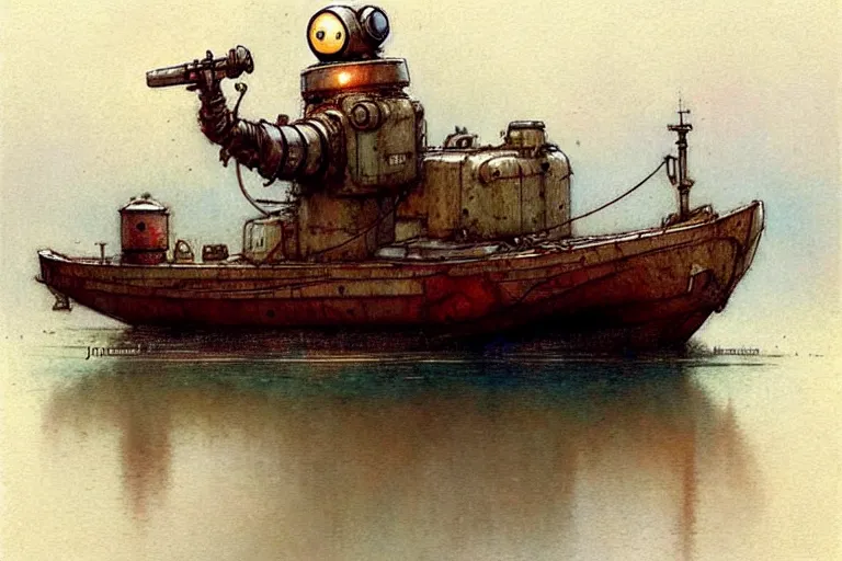Image similar to adventurer ( ( ( ( ( 1 9 5 0 s retro future robot android mouse house boat tug boat calm stream. muted colors. ) ) ) ) ) by jean baptiste monge!!!!!!!!!!!!!!!!!!!!!!!!! chrome red