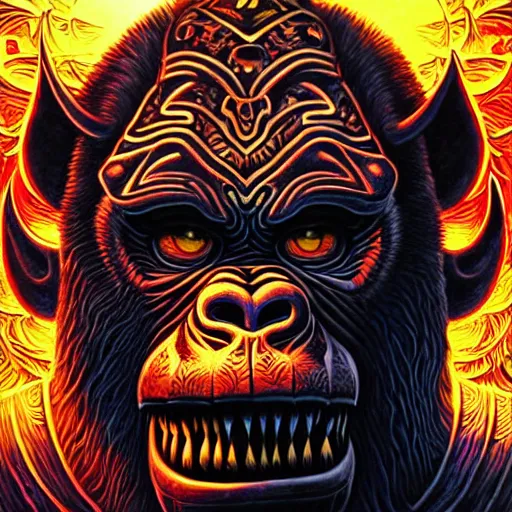 Image similar to barong family member, wiwek, mara demon, one single tribe member, jungle, one single mask, dark, ancient warrior, defiant gorilla, violence blood, satan, diablo, tribal, inner glow, art by dan mumford and justin gerard