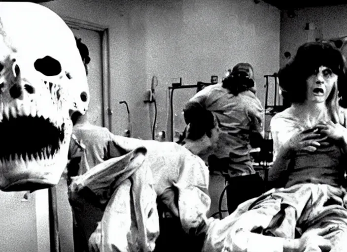 Prompt: disturbing footage of exploded head crooked teeth blood operations room horror film practical fx by david cronenberg ridley scott 1 9 7 0