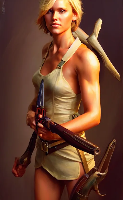 Image similar to full body character art of beautiful female huntress, pretty face, symmetrical features, short blonde hair, by james gurney, volumetric lighting, detailed, oil painting