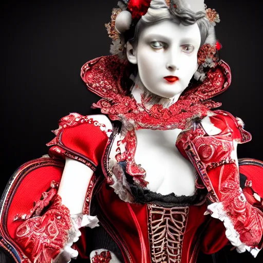 Image similar to red gothic cyborg victorian bizzare porcelain woman with artnouveau garment and ornaments sharp focus 8 k