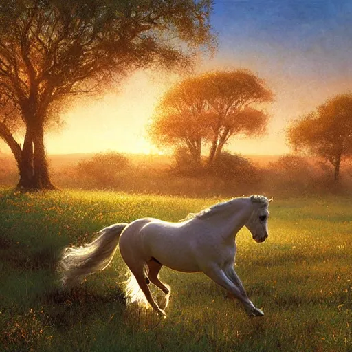 Prompt: a white galloping white station with flowing mane on a beautiful meadow at sunrise, fantasy painting by craig mullins