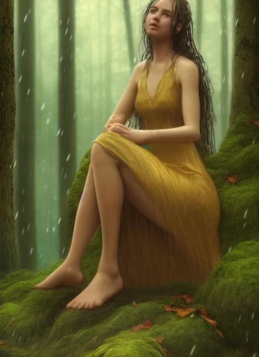 Prompt: young woman sitting : : wet hair and dress : : raining forest nature : : weta disney pixar movie still photo : : decadent highly - detailed digital painting, full length shot, golden ratio, octane render, artstation, smooth, sharp focus, artgerm, mucha, loish, wlop, gogo