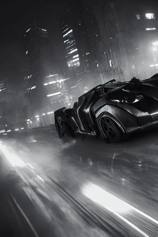 Image similar to the batmobile driving through gotham city at night. fluorescent light. pov from behind the wheel. octane render. 8 k. monochrome. black and white. mist. atmospheric. cinematic. hdr, raytracing, global illumination. a matte painting by ash thorp.