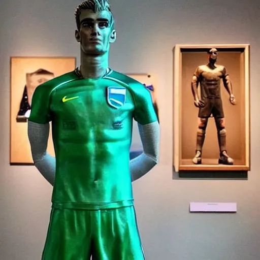 Image similar to “ a realistic detailed photo of a guy who is an attractive humanoid who is half robot and half humanoid, who is a male android, soccer player antoine griezmann, shiny skin, posing like a statue, blank stare, at the museum, on display ”