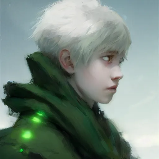 Prompt: a 14 year old teenage ghost boy with pale skin white hair and glowing green eyes. White breath showing in the cold air. Kuvshinov ilya. Ruan Jia. By Greg Rutkowski