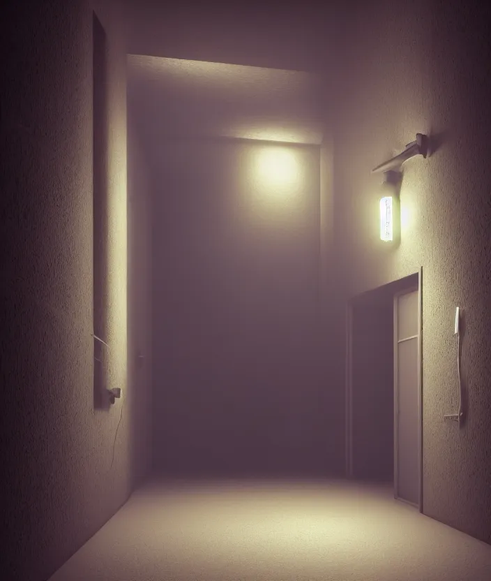Prompt: a dark hallway, at the end there is a mysterious illuminated door with a neonsign in the style of rhads, xf iq 4, f / 1. 4, iso 2 0 0, 1 / 1 6 0 s, 8 k, raw, featured in artstation, octane render, cinematic, elegant, intricate, 8 k,