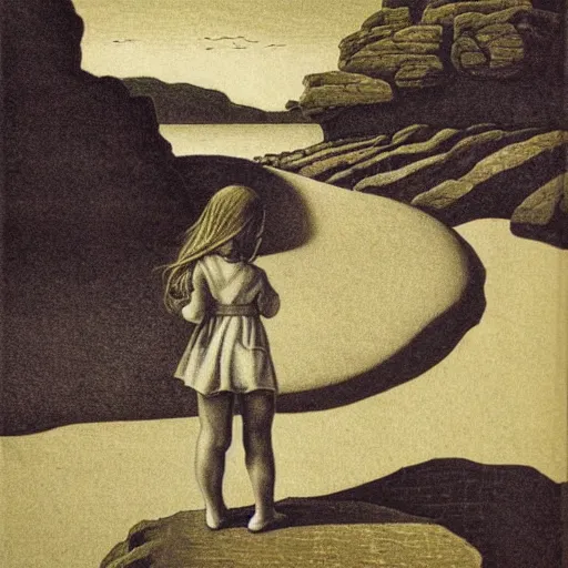 Prompt: a girl by the sea by escher