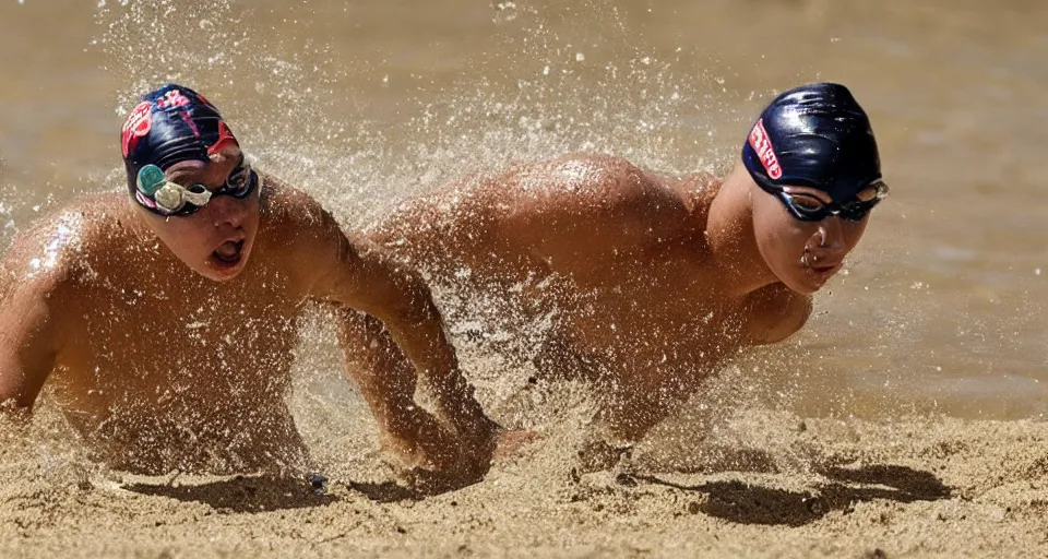 Image similar to championship swimming in sand instead of water, extremely coherent, motion blur