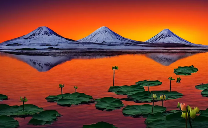 Prompt: professional photo of a snow topped volcano lit by the sunset, lotus flowers on the water, realistic, smooth light