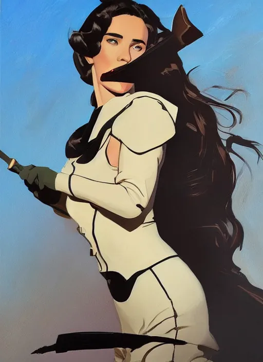 Prompt: young jennifer connelly as jenny blake from the movie the rocketeer ; detailed artwork by phil noto ; brush texture ; asymmetric composition ; paint texture ; trending on artstation ; gallery painting by phil noto in the comic book style of phil noto