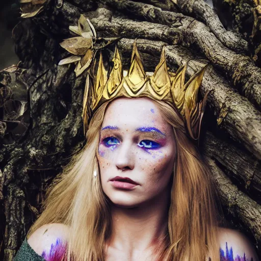 Image similar to A profile of a beautiful elf queen wearing three concentric crowns, golden hair, freckles, war paint, stunning makeup, serious stern look, forest background, magical glowing earrings, incredible detail, professional digital art, Sigma 85mm f/1.4, 4k