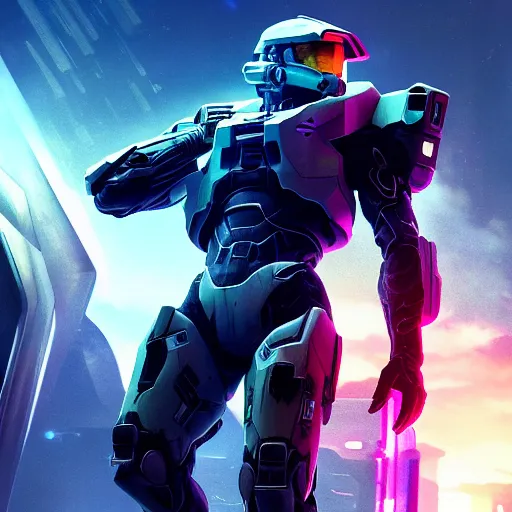 Image similar to cyberpunk halo character walking on a space bridge, close shot, reflection, epic, dramatic, cinematic, award winning, ultra detailed, realistic